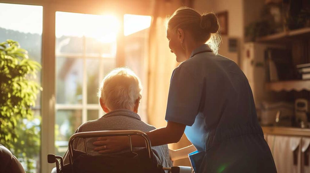 Caregiver helping an older resident walk safely through an assisted living hallway.