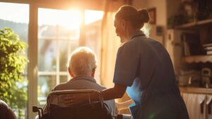 Caregiver helping an older resident walk safely through an assisted living hallway.
